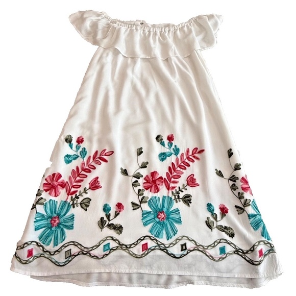 Candalite Boho Off-the Shoulder Embroidered Floral White Rayon Dress; Lined; Med - Picture 2 of 6